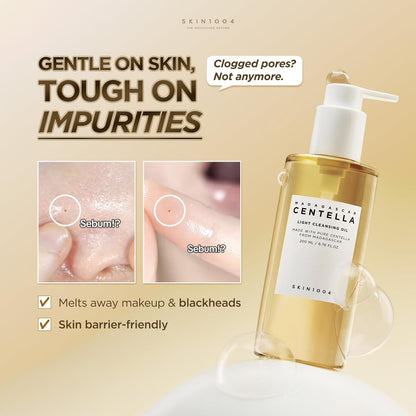 Promotional image of SKIN1004 Madagascar Centella Light Cleansing Oil 200ml highlighting deep pore cleansing benefits. Features before-and-after sebum removal visuals, emphasizing its ability to dissolve makeup, sunscreen, blackheads, and pore impurities while remaining gentle on the skin barrier. Lightweight Korean cleansing oil suitable for daily use and all skin types.