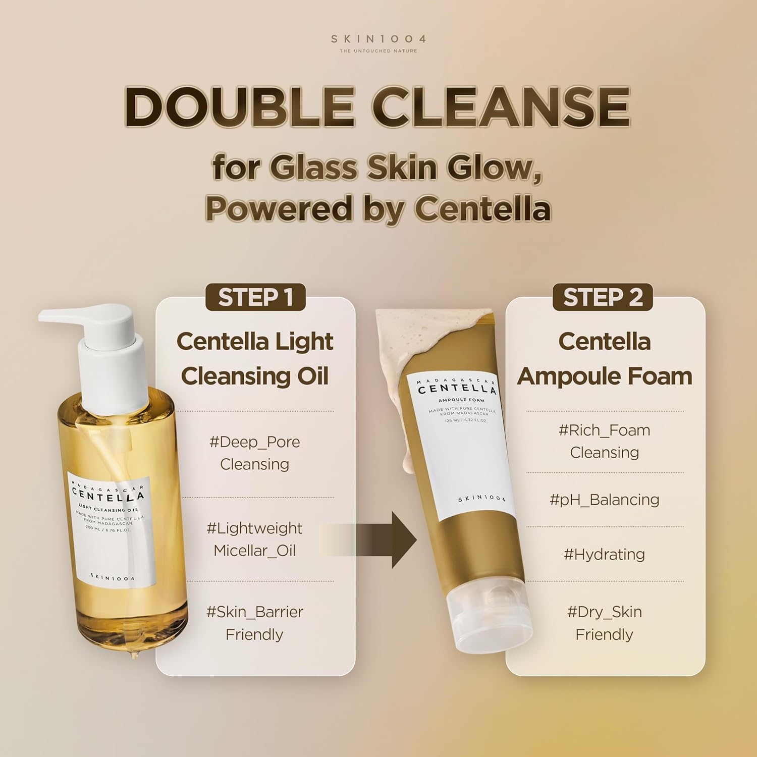 Infographic showing the SKIN1004 double cleansing routine for glass skin. Step 1 features Madagascar Centella Light Cleansing Oil for deep pore cleansing, lightweight micellar oil action, and skin barrier support. Step 2 features Centella Ampoule Foam for rich foam cleansing, pH balancing, hydration, and dry skin-friendly care. Beige background with both products displayed side by side.
