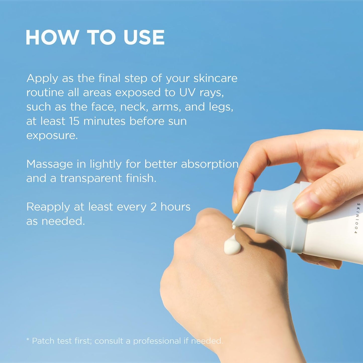 Instructional image demonstrating how to apply SKIN1004 Madagascar Centella Hyalu-Cica Water-Fit Sun Serum SPF 50+ PA++++. Shows sunscreen being dispensed onto the hand with directions to apply as the final step of a skincare routine, 15 minutes before sun exposure, and reapply every 2 hours. Lightweight Korean sunscreen with a transparent finish and broad-spectrum UV protection.