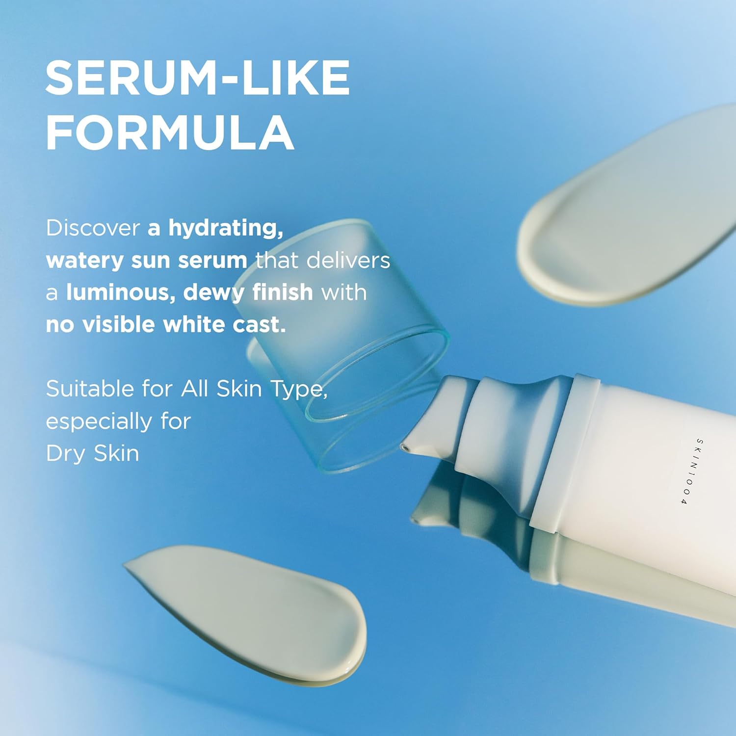 Close-up image of SKIN1004 Madagascar Centella Hyalu-Cica Water-Fit Sun Serum showcasing its lightweight, serum-like texture. Features a hydrating Korean sunscreen with a watery formula that absorbs quickly, leaves no white cast, and provides a luminous, dewy finish. Suitable for all skin types, especially dry and dehydrated skin.