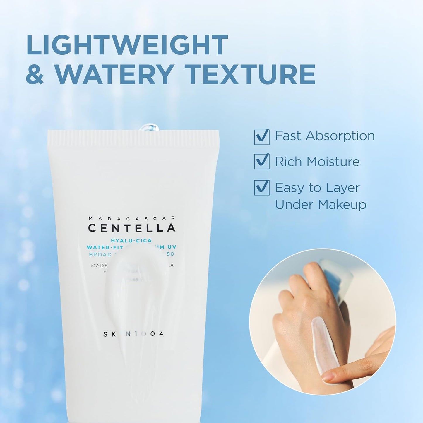 Promotional image of SKIN1004 Madagascar Centella Hyalu-Cica Water-Fit Sun Serum highlighting its lightweight, watery texture. Features fast absorption, rich hydration, and easy layering under makeup. Demonstrates the sunscreen's smooth, non-greasy application with no white cast, making it ideal for daily wear and all skin types.