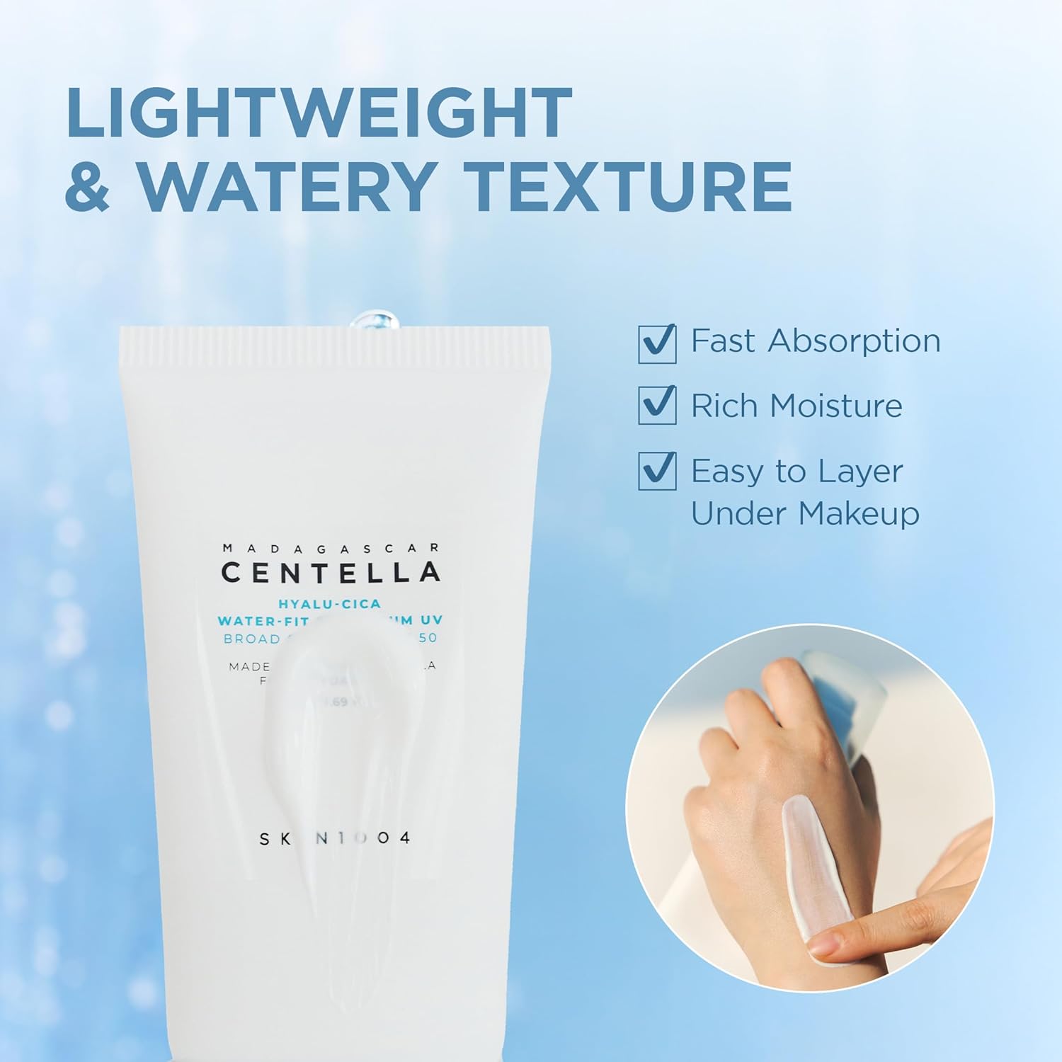 Promotional image of SKIN1004 Madagascar Centella Hyalu-Cica Water-Fit Sun Serum highlighting its lightweight, watery texture. Features fast absorption, rich hydration, and easy layering under makeup. Demonstrates the sunscreen's smooth, non-greasy application with no white cast, making it ideal for daily wear and all skin types.