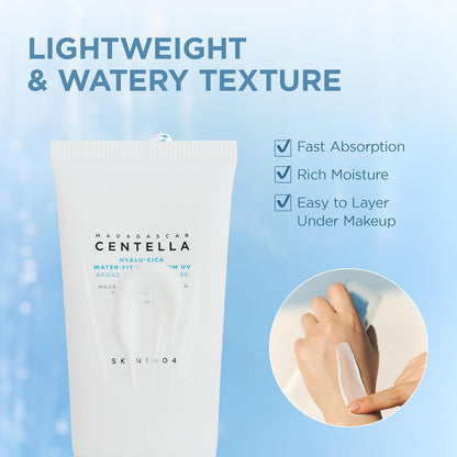 Promotional image of SKIN1004 Madagascar Centella Hyalu-Cica Water-Fit Sun Serum highlighting its lightweight, watery texture. Features fast absorption, rich hydration, and easy layering under makeup. Demonstrates the sunscreen's smooth, non-greasy application with no white cast, making it ideal for daily wear and all skin types.