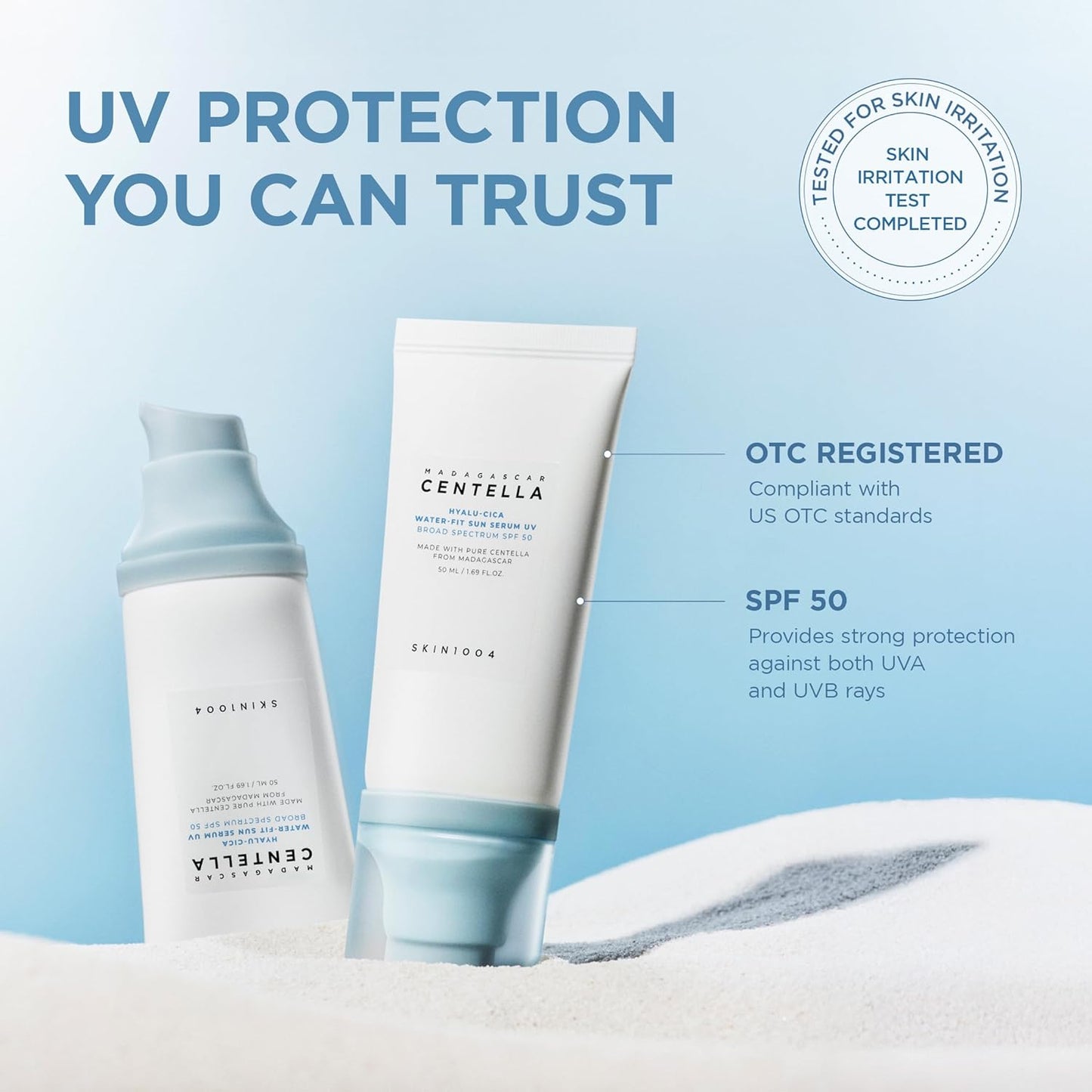 Promotional image of SKIN1004 Madagascar Centella Hyalu-Cica Water-Fit Sun Serum SPF 50+ PA++++ displayed on white sand. Highlights broad-spectrum UVA and UVB protection, OTC-registered sunscreen compliance, and skin irritation tested formula. Lightweight Korean sunscreen enriched with Centella Asiatica and Hyaluronic Acid for daily sun protection without white cast.