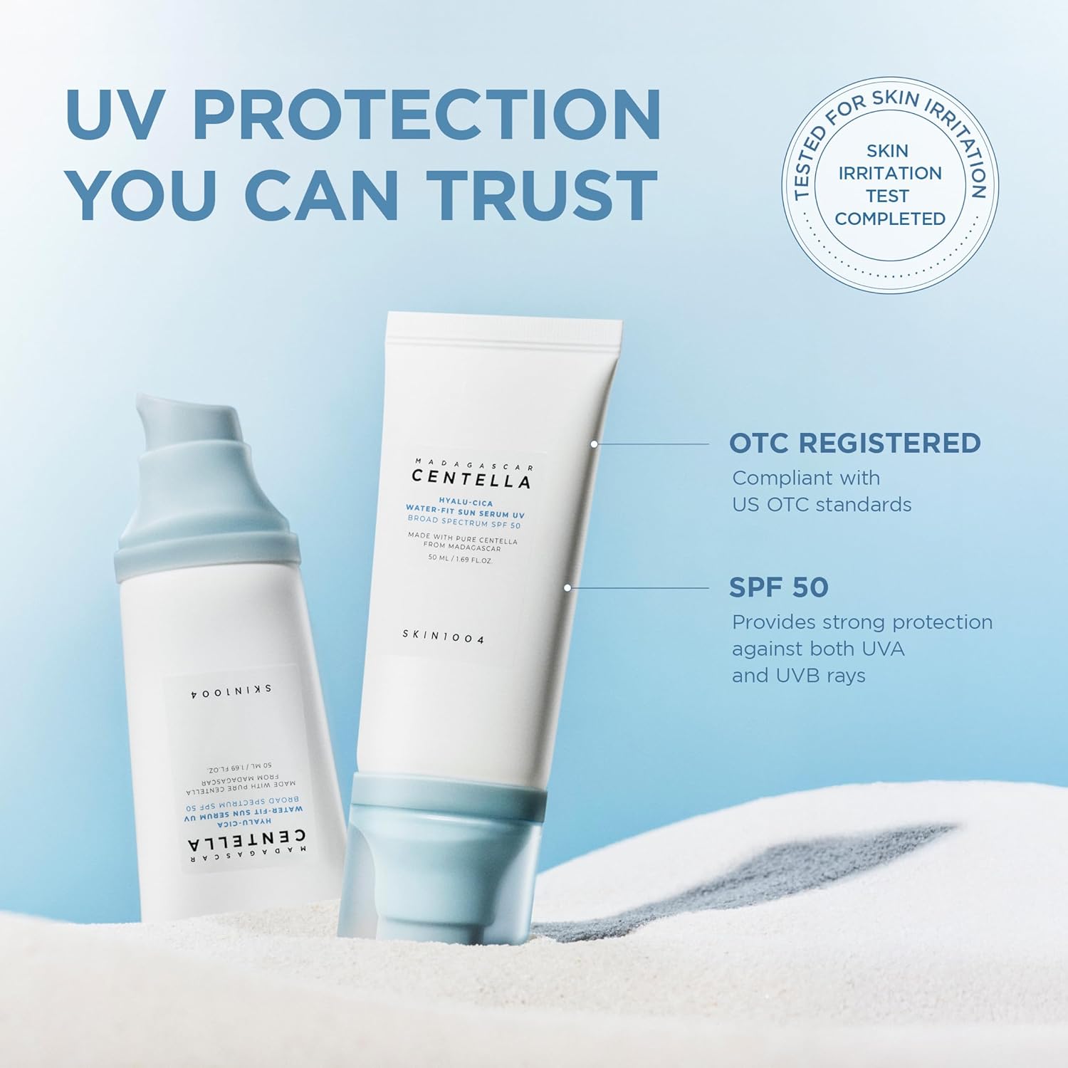 Promotional image of SKIN1004 Madagascar Centella Hyalu-Cica Water-Fit Sun Serum SPF 50+ PA++++ displayed on white sand. Highlights broad-spectrum UVA and UVB protection, OTC-registered sunscreen compliance, and skin irritation tested formula. Lightweight Korean sunscreen enriched with Centella Asiatica and Hyaluronic Acid for daily sun protection without white cast.