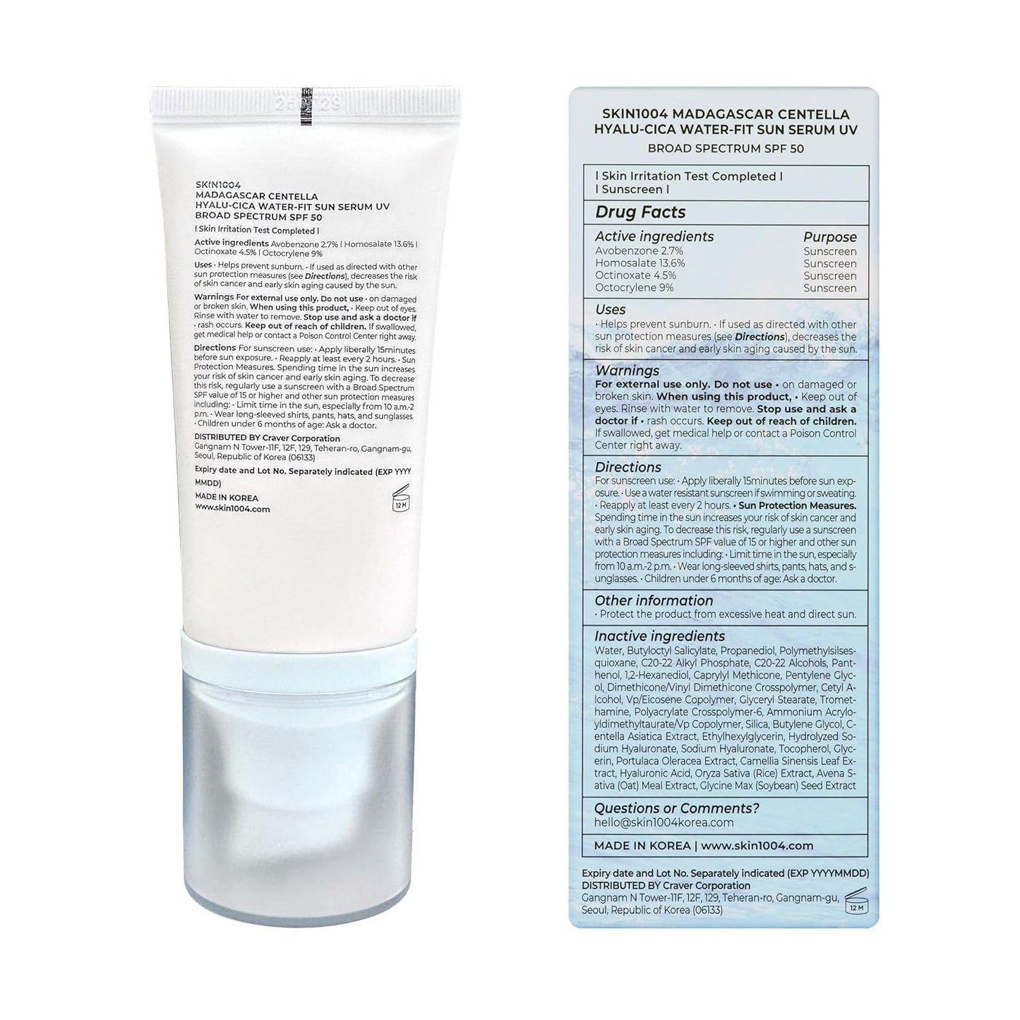 Back view of SKIN1004 Madagascar Centella Hyalu-Cica Water-Fit Sun Serum UV SPF 50 showing the product tube and detailed drug facts panel. Displays active sunscreen ingredients, usage directions, warnings, inactive ingredients, broad-spectrum UV protection information, and product labeling for daily sun care and skin protection.