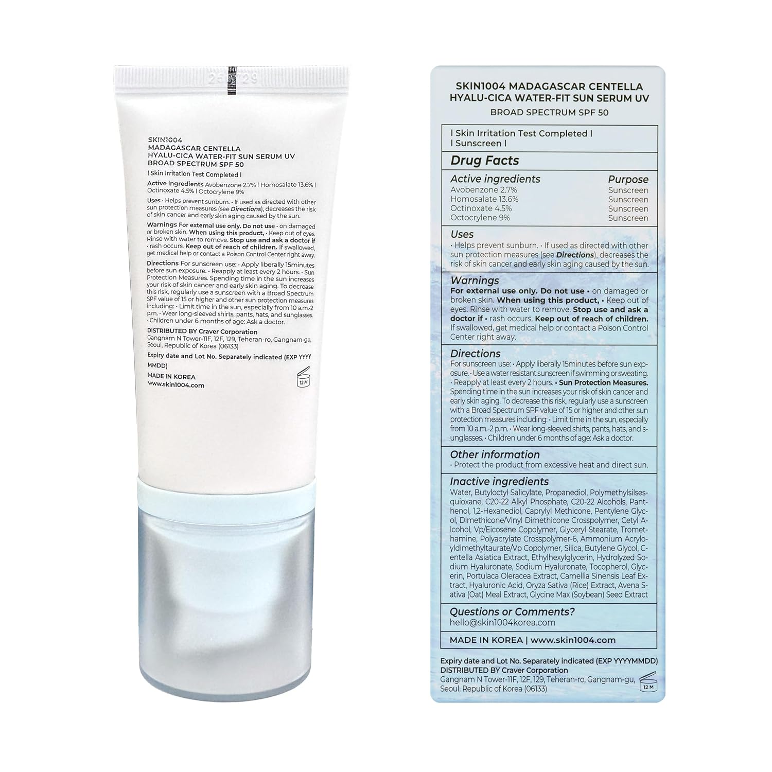 Back view of SKIN1004 Madagascar Centella Hyalu-Cica Water-Fit Sun Serum UV SPF 50 showing the product tube and detailed drug facts panel. Displays active sunscreen ingredients, usage directions, warnings, inactive ingredients, broad-spectrum UV protection information, and product labeling for daily sun care and skin protection.