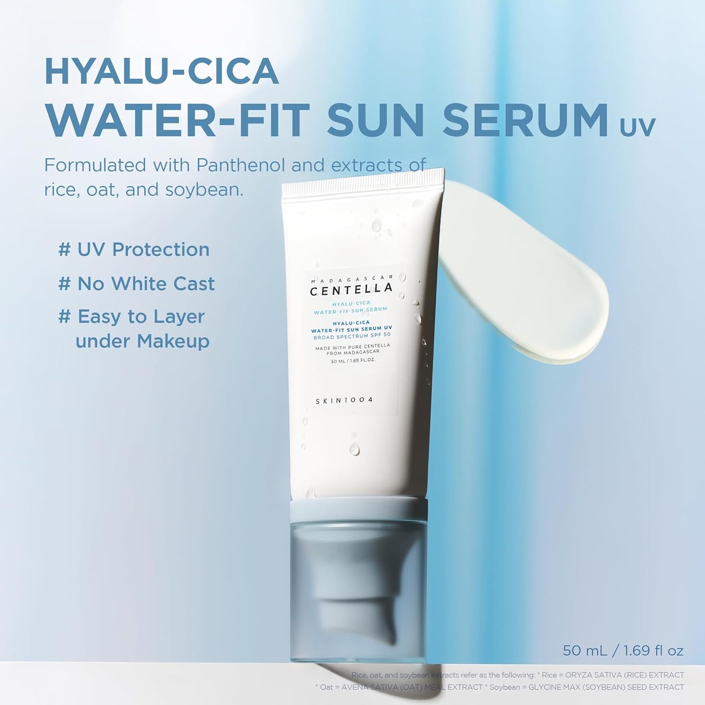 Promotional image of SKIN1004 Madagascar Centella Hyalu-Cica Water-Fit Sun Serum UV SPF 50+ PA++++. Features a lightweight Korean sunscreen with broad-spectrum UV protection, no white cast, and easy layering under makeup. Formulated with Centella Asiatica, Panthenol, rice, oat, and soybean extracts to hydrate, soothe, and protect the skin while maintaining a natural finish.