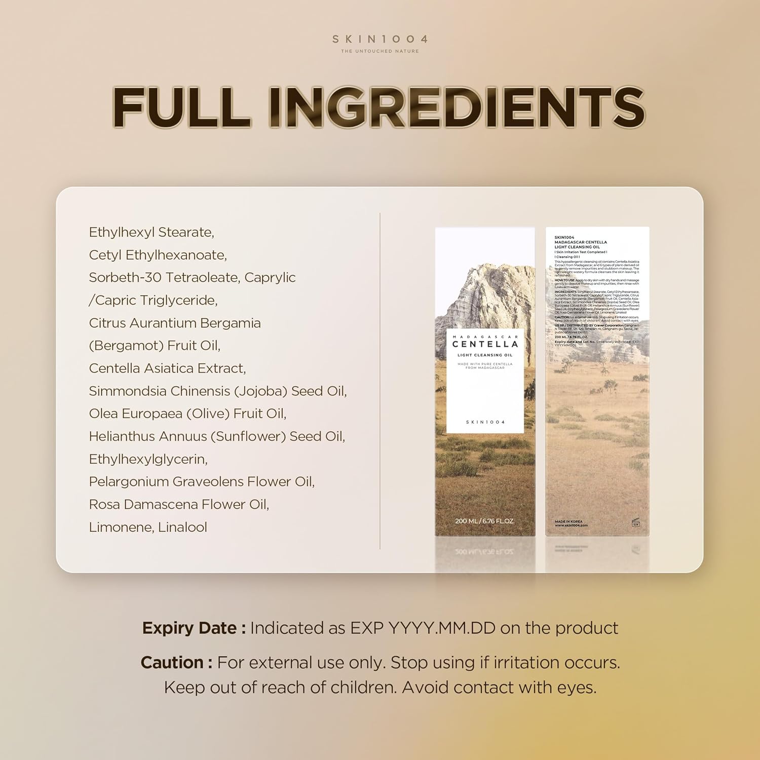 Full ingredients panel for SKIN1004 Madagascar Centella Light Cleansing Oil 200ml, highlighting Centella Asiatica Extract, Jojoba Seed Oil, Olive Fruit Oil, Sunflower Seed Oil, and botanical oils. Includes product packaging images, ingredient list, expiry information, and safety precautions on a beige background.