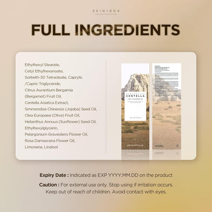 Full ingredients panel for SKIN1004 Madagascar Centella Light Cleansing Oil 200ml, highlighting Centella Asiatica Extract, Jojoba Seed Oil, Olive Fruit Oil, Sunflower Seed Oil, and botanical oils. Includes product packaging images, ingredient list, expiry information, and safety precautions on a beige background.