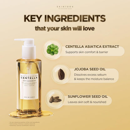 Infographic showcasing the key ingredients in SKIN1004 Madagascar Centella Light Cleansing Oil. Highlights Centella Asiatica Extract to support the skin barrier and comfort, Jojoba Seed Oil to dissolve excess sebum and maintain moisture balance, and Sunflower Seed Oil to nourish and soften the skin. Features the cleansing oil bottle alongside ingredient visuals on a warm beige background.