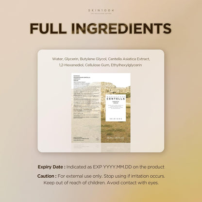 Product information image showing the full ingredient list of SKIN1004 Madagascar Centella Ampoule Serum. Highlights key ingredients including Centella Asiatica Extract, glycerin, butylene glycol, and cellulose gum, along with product packaging details, expiration information, and usage cautions for safe skincare application.