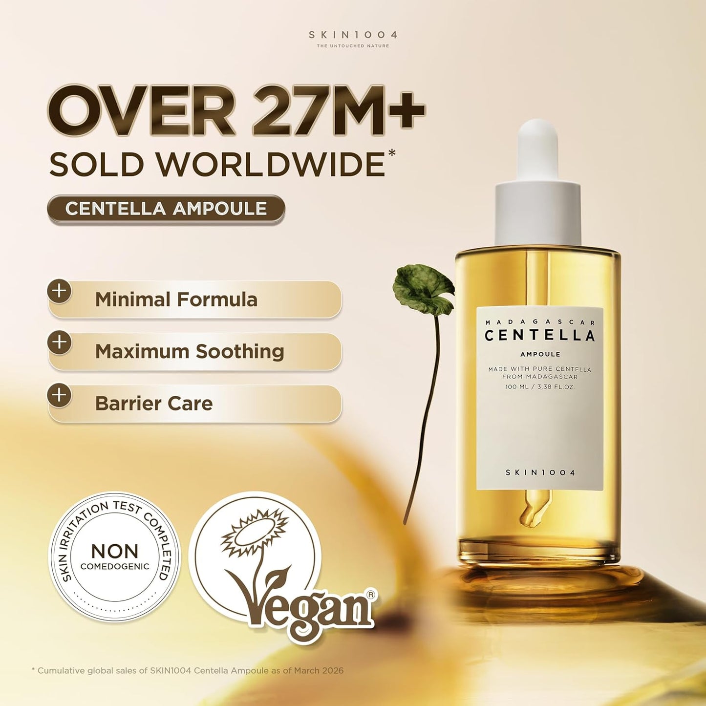 Promotional image of SKIN1004 Madagascar Centella Ampoule 100ml highlighting over 27 million units sold worldwide. Features a minimal formula with maximum soothing benefits, skin barrier care, non-comedogenic certification, vegan formula, and pure Madagascar Centella Asiatica extract for calming, hydrating, and strengthening sensitive skin.