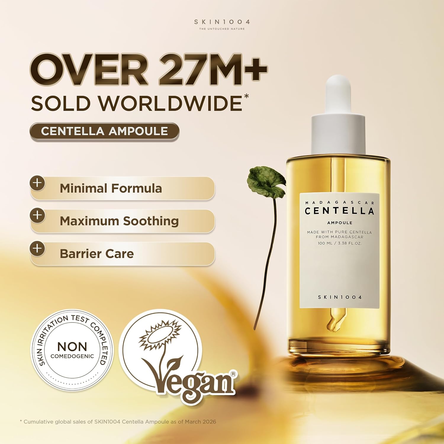 Promotional image of SKIN1004 Madagascar Centella Ampoule 100ml highlighting over 27 million units sold worldwide. Features a minimal formula with maximum soothing benefits, skin barrier care, non-comedogenic certification, vegan formula, and pure Madagascar Centella Asiatica extract for calming, hydrating, and strengthening sensitive skin.
