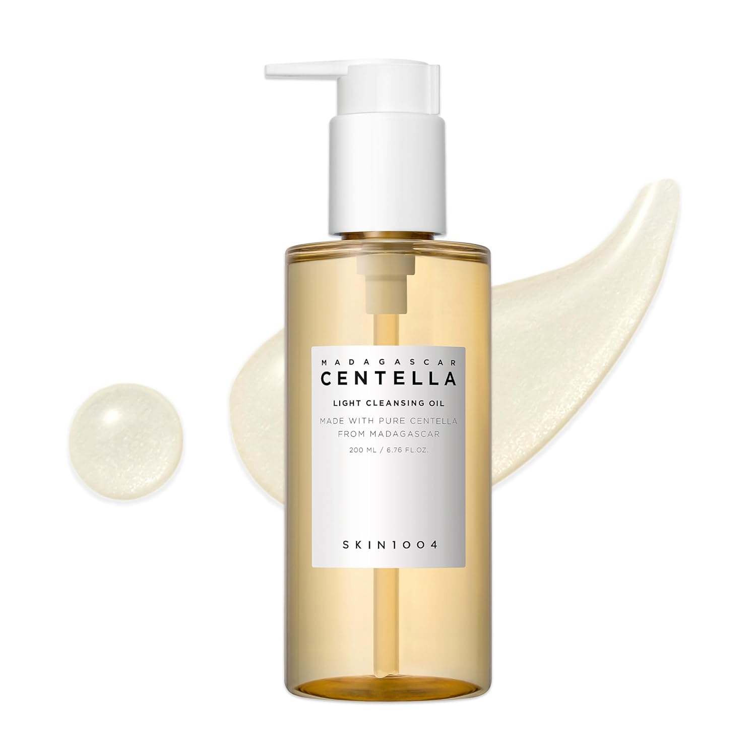 Front view of SKIN1004 Madagascar Centella Light Cleansing Oil (200ml / 6.76 fl. oz.) in a clear pump bottle filled with golden cleansing oil. Displayed with a droplet and oil texture swatch, highlighting its lightweight formula designed to remove makeup, sunscreen, excess sebum, and impurities while soothing skin with Madagascar Centella Asiatica.