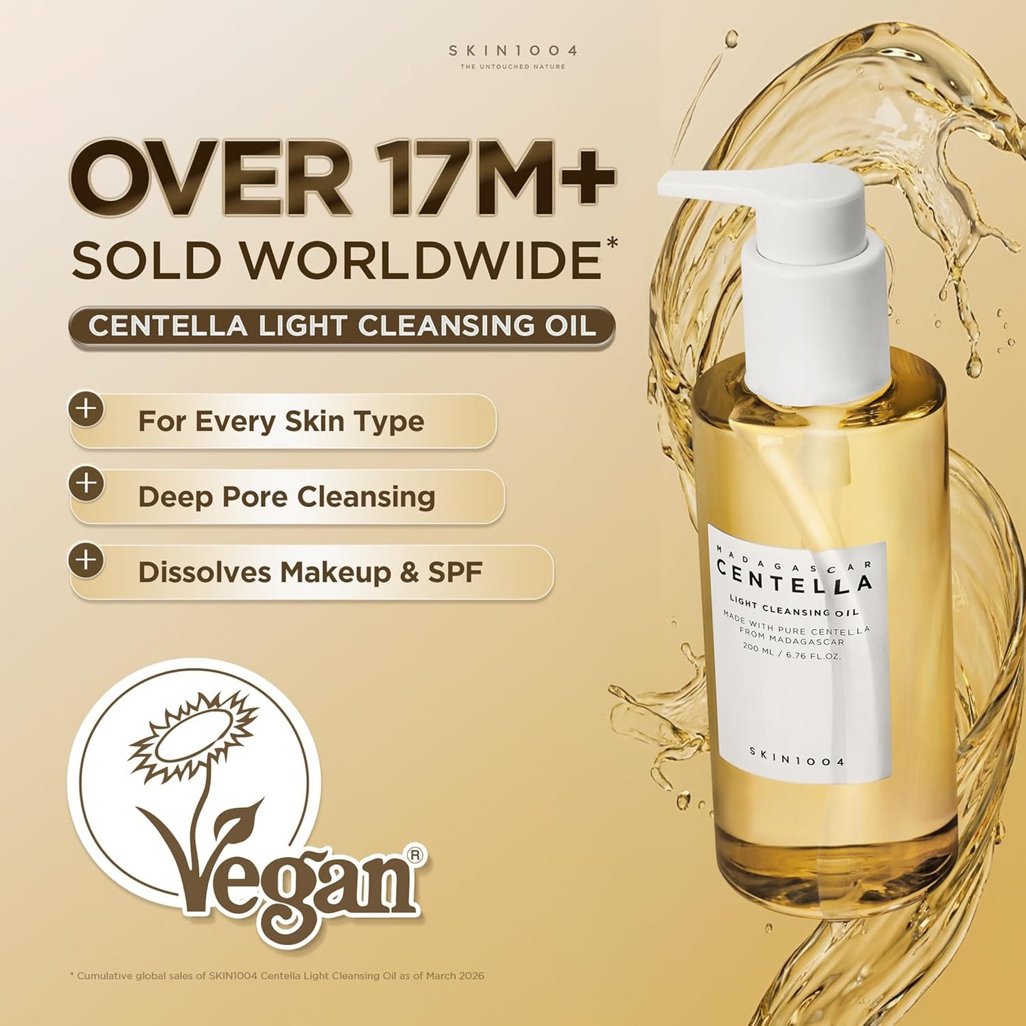 Promotional image featuring SKIN1004 Madagascar Centella Light Cleansing Oil 200ml with a golden oil splash background. Highlights key benefits including suitability for all skin types, deep pore cleansing, and effective removal of makeup and sunscreen. The product is labeled vegan and showcases its lightweight Korean cleansing oil formula designed for daily double cleansing and pore care.