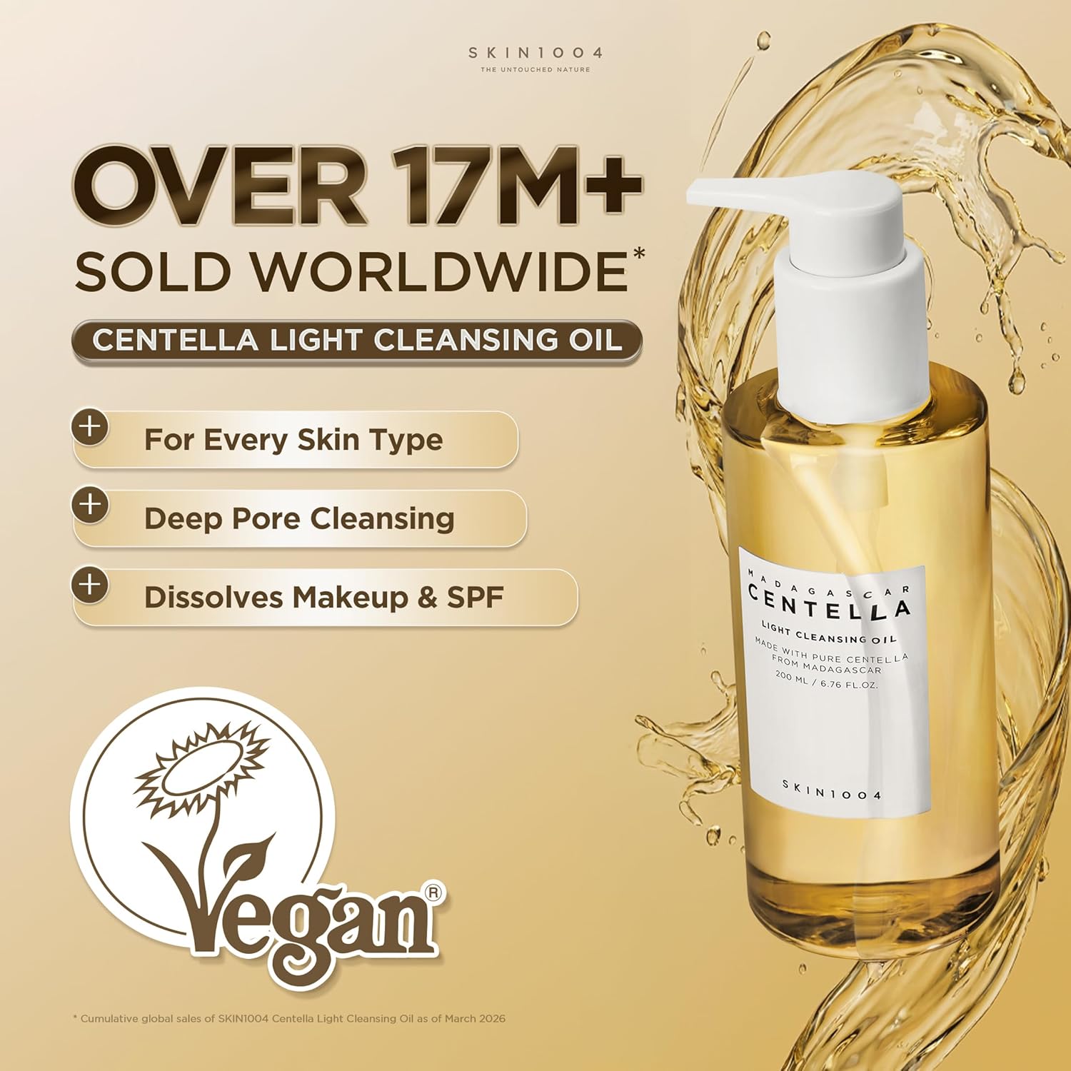 Promotional image featuring SKIN1004 Madagascar Centella Light Cleansing Oil 200ml with a golden oil splash background. Highlights key benefits including suitability for all skin types, deep pore cleansing, and effective removal of makeup and sunscreen. The product is labeled vegan and showcases its lightweight Korean cleansing oil formula designed for daily double cleansing and pore care.