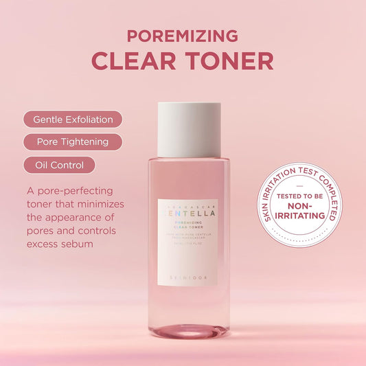 Promotional image of SKIN1004 Madagascar Centella Poremizing Clear Toner featuring a pink toner bottle with highlights of gentle exfoliation, pore tightening, and oil control. Includes a non-irritating skin test certification badge and emphasizes pore-refining care for oily and combination skin.