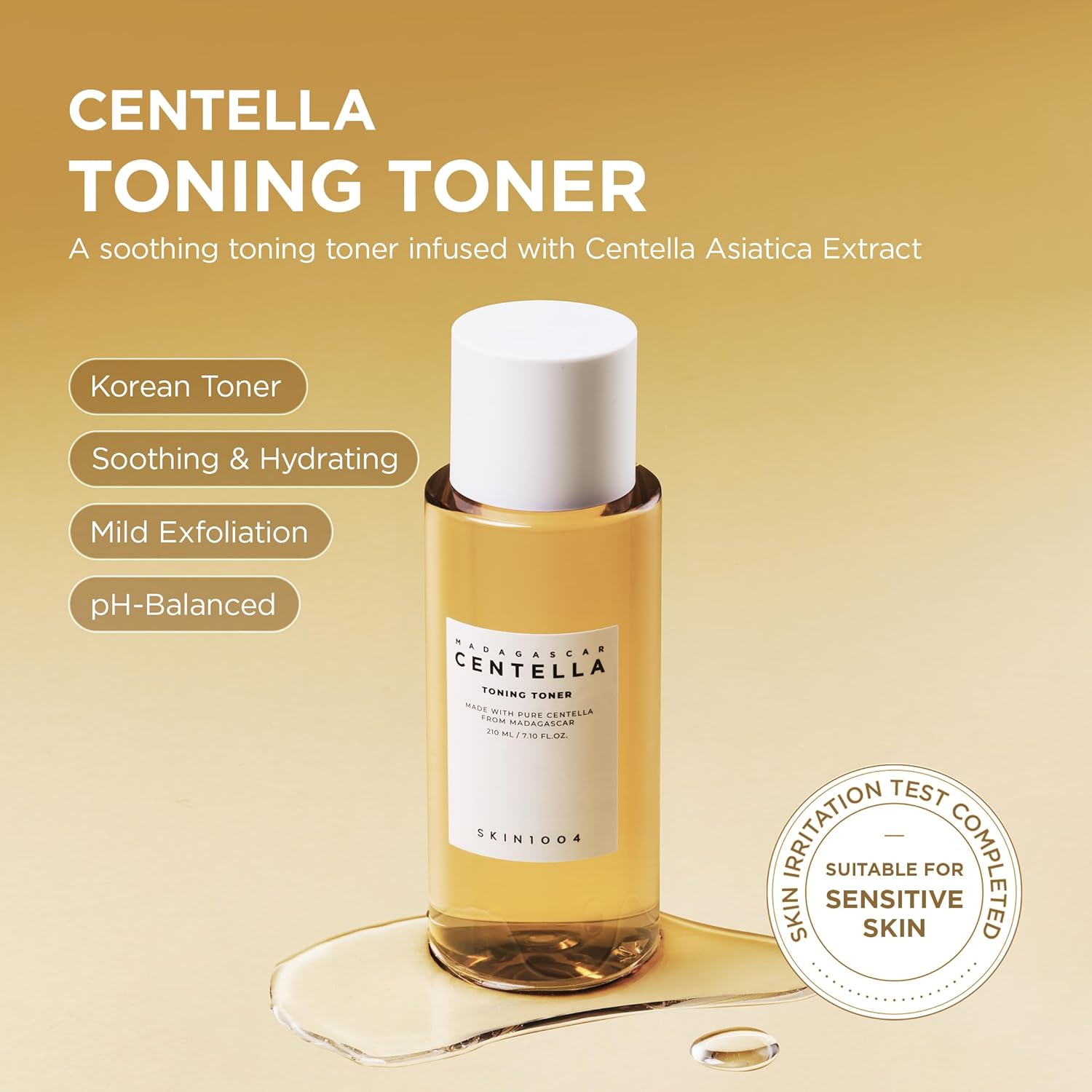 Promotional image of SKIN1004 Madagascar Centella Toning Toner 210ml highlighting its soothing and hydrating benefits. Features Madagascar Centella Asiatica Extract for calming sensitive skin, gentle PHA exfoliation for smoother texture, pH-balanced care, and long-lasting hydration. Suitable for sensitive skin and ideal for daily Korean skincare routines.