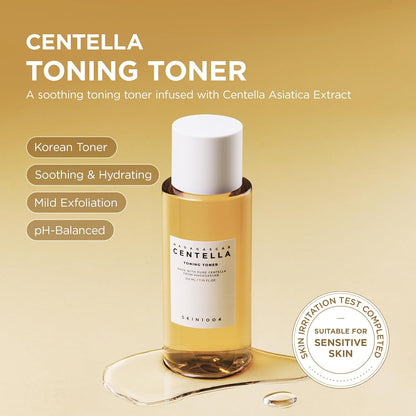 Promotional image of SKIN1004 Madagascar Centella Toning Toner 210ml highlighting its soothing and hydrating benefits. Features Madagascar Centella Asiatica Extract for calming sensitive skin, gentle PHA exfoliation for smoother texture, pH-balanced care, and long-lasting hydration. Suitable for sensitive skin and ideal for daily Korean skincare routines.