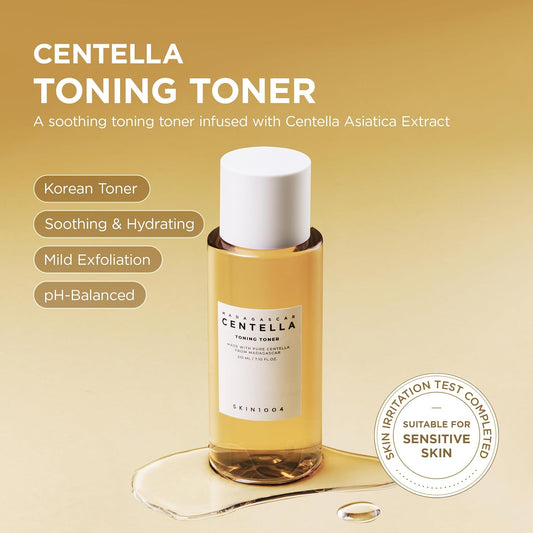 Promotional image of SKIN1004 Madagascar Centella Toning Toner 210ml highlighting its soothing and hydrating benefits. Features Madagascar Centella Asiatica Extract for calming sensitive skin, gentle PHA exfoliation for smoother texture, pH-balanced care, and long-lasting hydration. Suitable for sensitive skin and ideal for daily Korean skincare routines.
