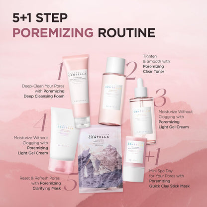 Routine guide image featuring the SKIN1004 Madagascar Centella Poremizing skincare line in a complete 5+1 step regimen for pore care. The routine includes Poremizing Deep Cleansing Foam, Clear Toner, Pore-Minimizing Ampoule, Light Gel Cream, Clarifying Mask, and Quick Clay Stick Mask. Designed to deeply cleanse pores, tighten and smooth skin, provide lightweight hydration, and refresh the complexion without clogging pores for a clearer, healthier-looking appearance.