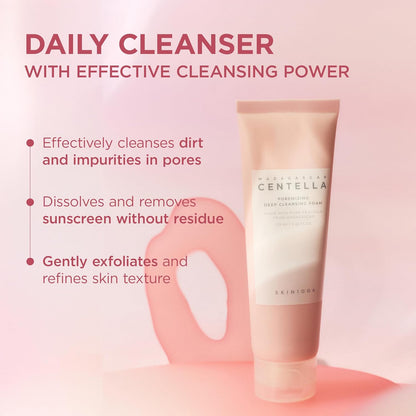 Promotional image of SKIN1004 Madagascar Centella Poremizing Deep Cleansing Foam highlighting its daily cleansing benefits. The image features the pink cleanser tube alongside key benefits including effective removal of dirt and impurities from pores, dissolving sunscreen without residue, and gentle exfoliation to refine skin texture. Formulated with Himalayan Pink Salt and Centella Asiatica for deep pore cleansing and refreshed skin.