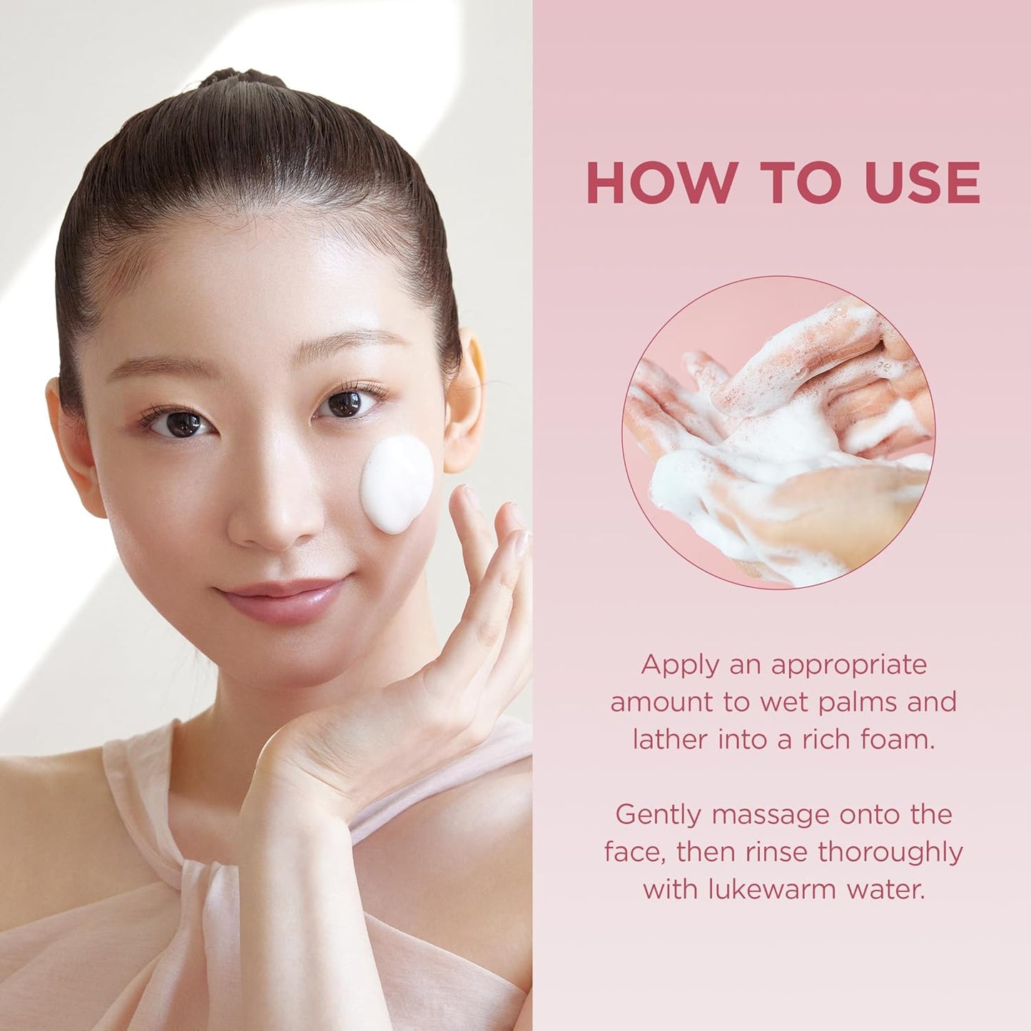 Instructional image for SKIN1004 Madagascar Centella Poremizing Deep Cleansing Foam featuring a model with clear, healthy-looking skin and a demonstration of rich foam texture. The guide explains how to use the cleanser by applying an appropriate amount to wet palms, lathering into a rich foam, gently massaging onto the face, and rinsing thoroughly with lukewarm water. Highlights the cleanser’s easy daily skincare routine for deep pore cleansing and refreshed skin.