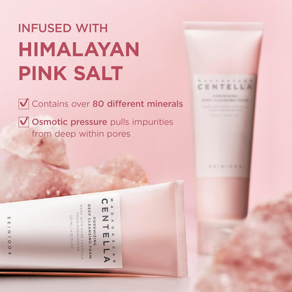 Promotional image of SKIN1004 Madagascar Centella Poremizing Deep Cleansing Foam highlighting Himalayan Pink Salt as a key ingredient. The image features two pink cleanser tubes surrounded by pink salt crystals and notes that the formula contains over 80 different minerals. It emphasizes osmotic pressure technology that helps draw impurities from deep within pores for a thorough cleanse, leaving skin refreshed and purified.