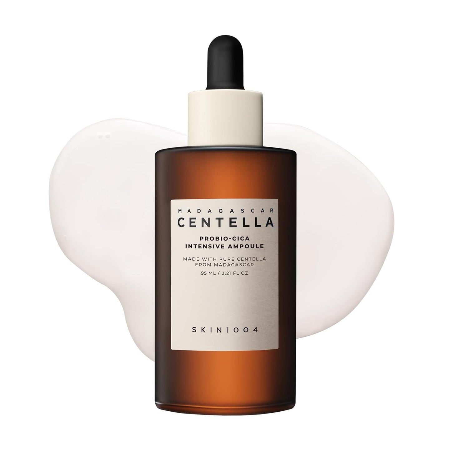 SKIN1004 Madagascar Centella Probio-Cica Intensive Ampoule facial serum in a 95ml amber glass dropper bottle. Korean skincare serum formulated with fermented Centella Asiatica and ceramides to nourish, soothe sensitive skin, strengthen the skin barrier, and provide deep hydration for a healthy, radiant complexion.