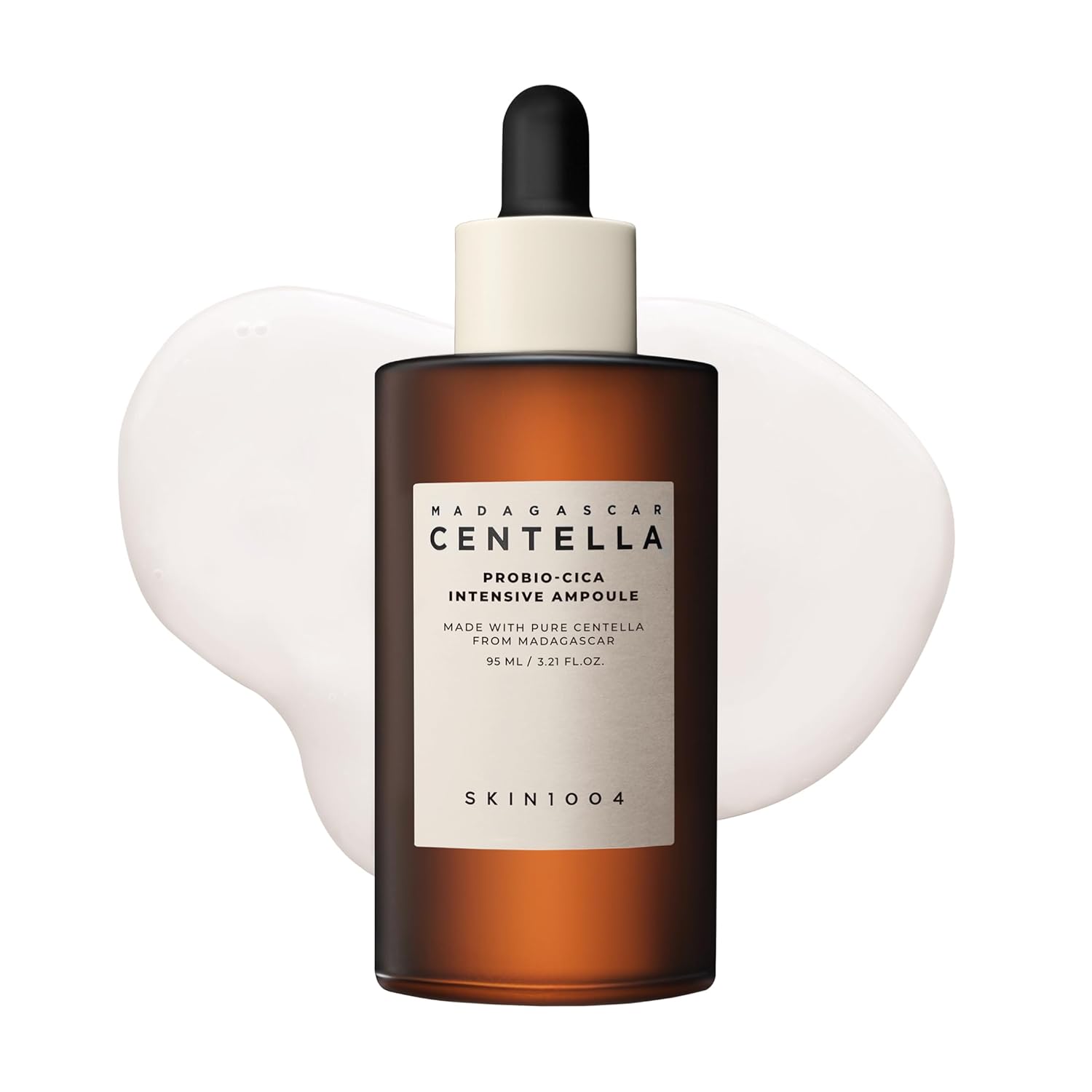 SKIN1004 Madagascar Centella Probio-Cica Intensive Ampoule facial serum in a 95ml amber glass dropper bottle. Korean skincare serum formulated with fermented Centella Asiatica and ceramides to nourish, soothe sensitive skin, strengthen the skin barrier, and provide deep hydration for a healthy, radiant complexion.
