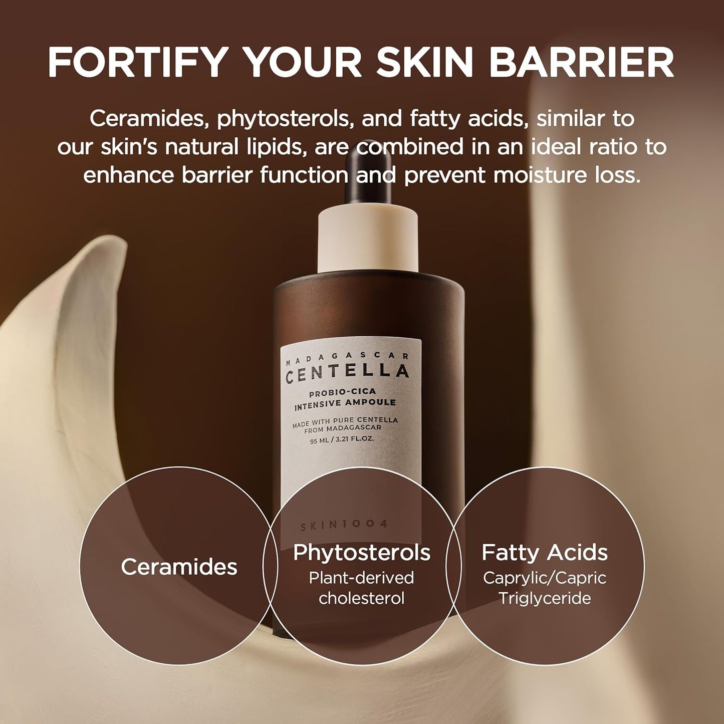 Informational image featuring SKIN1004 Madagascar Centella Probio-Cica Intensive Ampoule highlighting skin barrier strengthening benefits. Showcases key ingredients including ceramides, phytosterols, and fatty acids that help reinforce the skin barrier, prevent moisture loss, improve hydration retention, and support healthy, resilient skin. Korean skincare serum designed for nourishing and repairing sensitive skin.