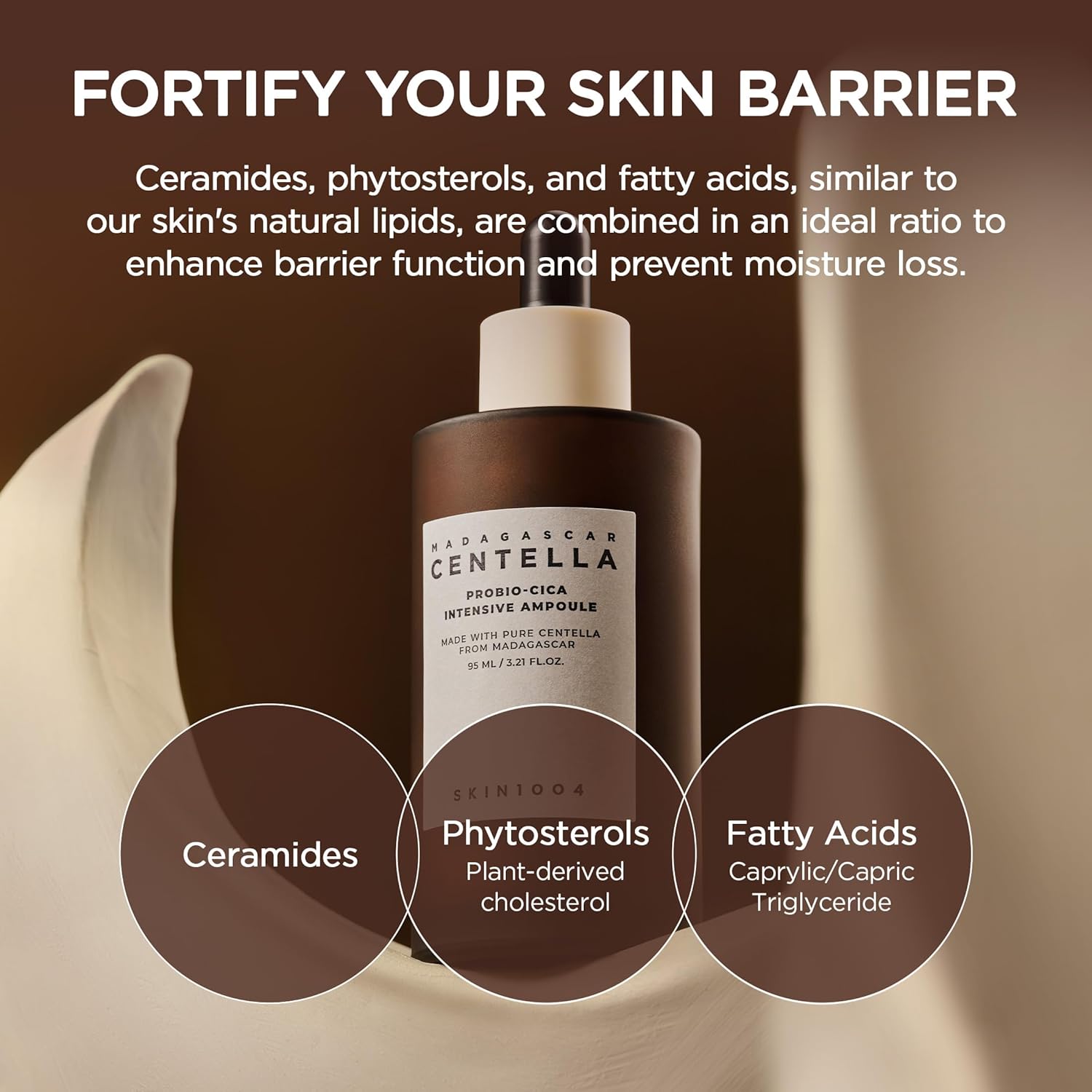 Informational image featuring SKIN1004 Madagascar Centella Probio-Cica Intensive Ampoule highlighting skin barrier strengthening benefits. Showcases key ingredients including ceramides, phytosterols, and fatty acids that help reinforce the skin barrier, prevent moisture loss, improve hydration retention, and support healthy, resilient skin. Korean skincare serum designed for nourishing and repairing sensitive skin.