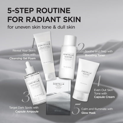 SKIN1004 Madagascar Centella Tone Brightening skincare routine featuring five products for uneven skin tone and dull skin. The routine includes Cleansing Gel Foam, Boosting Toner, Tone Brightening Capsule Ampoule, Capsule Cream, and Glow Mask to cleanse, brighten, hydrate, and improve overall skin radiance.