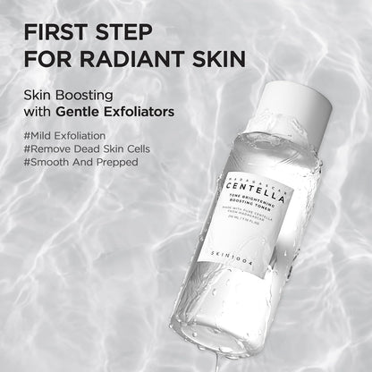Promotional image of SKIN1004 Madagascar Centella Tone Brightening Boosting Toner 210ml displayed in water, highlighting its gentle exfoliating and skin-boosting benefits. Formulated with Madagascar Centella Asiatica, Niacinamide, and brightening ingredients to help remove dead skin cells, smooth skin texture, and improve uneven skin tone. This lightweight Korean toner preps the skin for the next skincare steps while promoting a radiant, refreshed, and healthy-looking complexion. Suitable for sensitive, dul