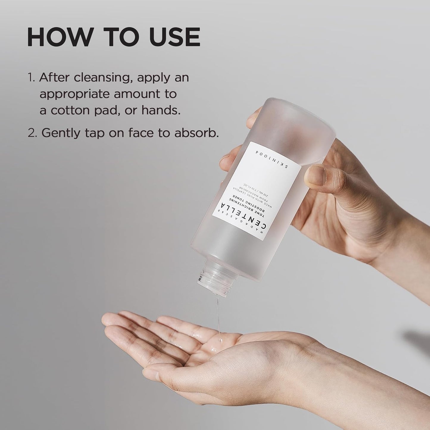 Step-by-step usage guide for SKIN1004 Madagascar Centella Tone Brightening Boosting Toner 210ml. The image shows toner being dispensed into the hand with instructions to apply after cleansing using a cotton pad or hands, then gently pat into the skin for better absorption. Suitable for daily brightening and hydrating skincare routines.