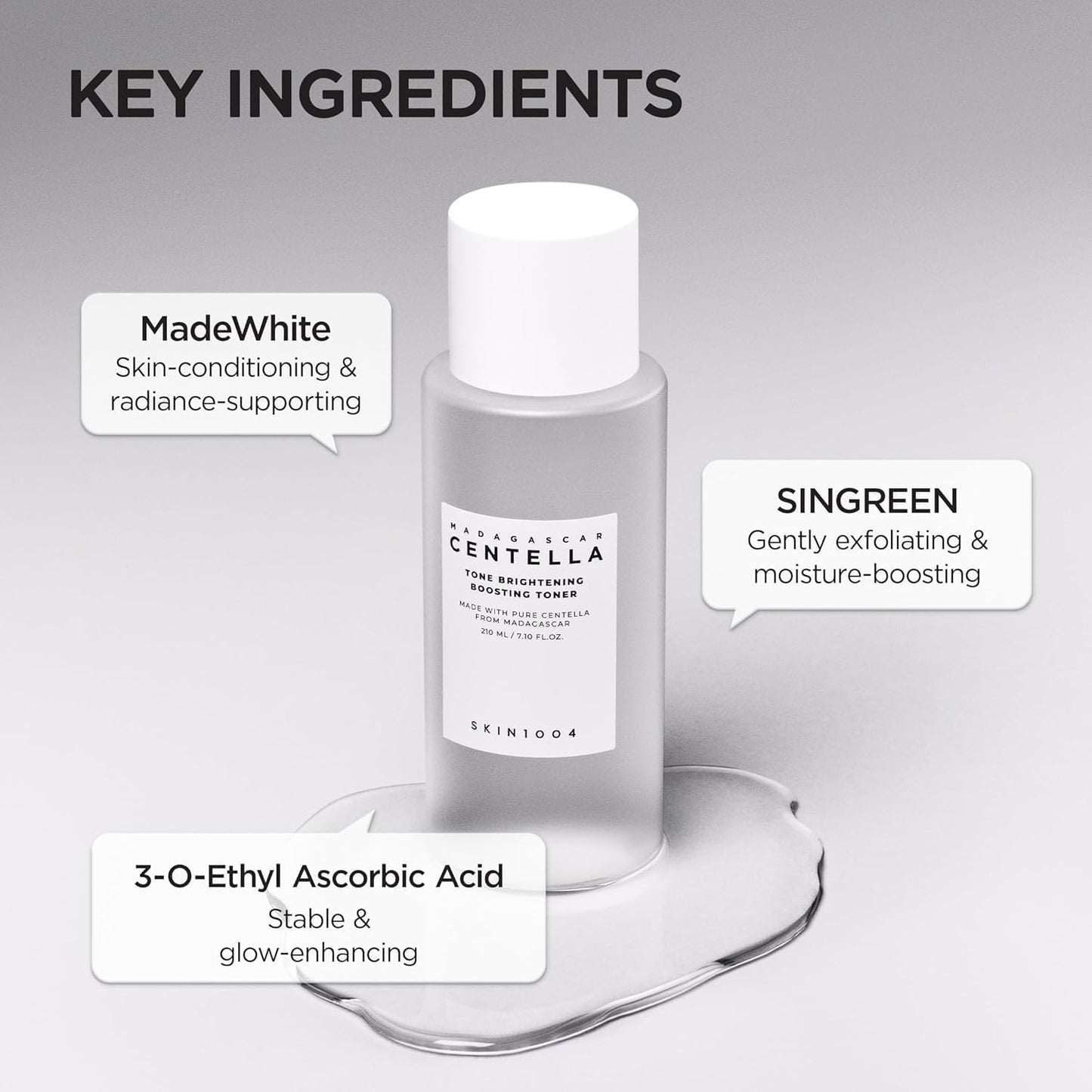 Infographic highlighting the key ingredients of SKIN1004 Madagascar Centella Tone Brightening Boosting Toner 210ml. Features MadeWhite for skin-conditioning and radiance support, SINGREEN for gentle exfoliation and moisture enhancement, and 3-O-Ethyl Ascorbic Acid (Vitamin C derivative) for stable brightening and glow improvement. The toner helps improve skin clarity, hydration, and overall radiance while remaining gentle on sensitive skin.