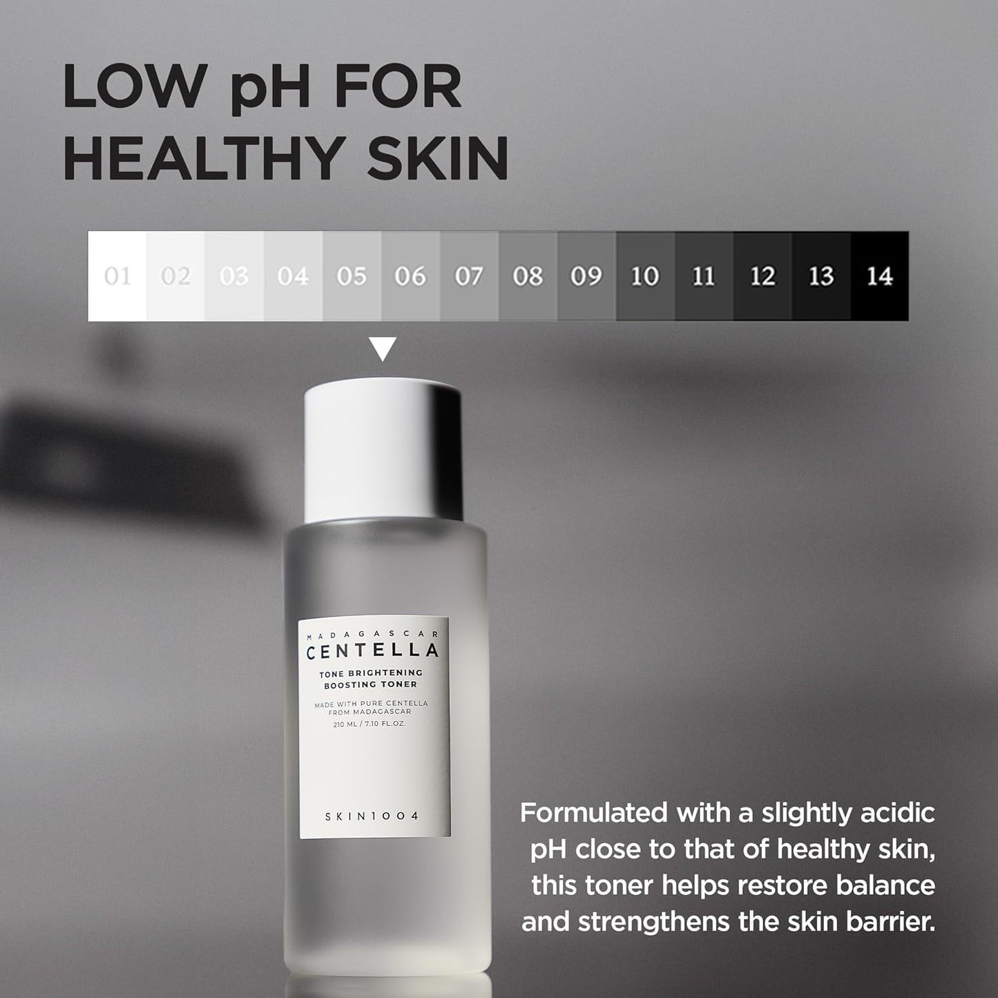Promotional image of SKIN1004 Madagascar Centella Tone Brightening Boosting Toner 210ml highlighting its low pH formula. The toner is formulated with a slightly acidic pH close to healthy skin, helping restore balance, support the skin barrier, and maintain optimal skin health. Suitable for sensitive skin and daily brightening skincare routines.