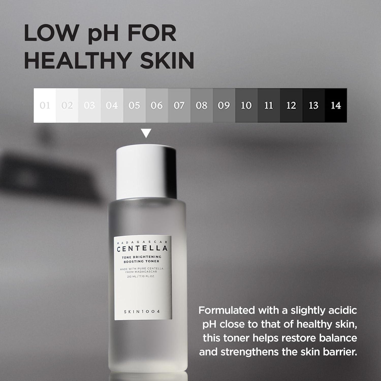 Promotional image of SKIN1004 Madagascar Centella Tone Brightening Boosting Toner 210ml highlighting its low pH formula. The toner is formulated with a slightly acidic pH close to healthy skin, helping restore balance, support the skin barrier, and maintain optimal skin health. Suitable for sensitive skin and daily brightening skincare routines.