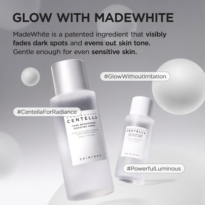 Promotional image of SKIN1004 Madagascar Centella Tone Brightening Boosting Toner 210ml featuring MadeWhite technology for brighter, more even-looking skin. Formulated with Madagascar Centella Asiatica, Niacinamide, and MadeWhite to help visibly reduce the appearance of dark spots, improve skin radiance, and balance uneven skin tone. The gentle Korean toner is suitable for sensitive skin and delivers hydration while supporting a healthy, luminous complexion without irritation. Ideal for dull, uneven, and se