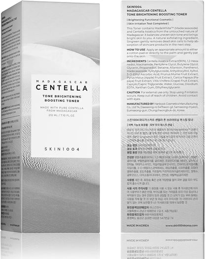 Front and back packaging view of SKIN1004 Madagascar Centella Tone Brightening Boosting Toner 210ml. The packaging highlights Centella Asiatica extract, MadeWhite™, Niacinamide, and brightening ingredients that help improve uneven skin tone, enhance radiance, gently exfoliate dead skin cells, and support a smoother, healthier-looking complexion. Includes product information, ingredient list, usage instructions, and Korean skincare branding.