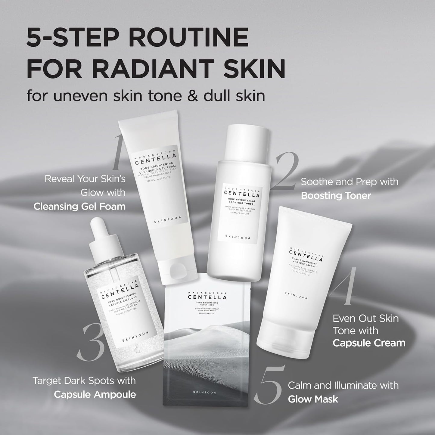 Routine guide featuring the SKIN1004 Madagascar Centella Tone Brightening line for uneven skin tone and dull skin. The image showcases a 5-step brightening skincare routine including Cleansing Gel Foam, Tone Brightening Boosting Toner, Tone Brightening Capsule Ampoule, Tone Brightening Capsule Cream, and Glow Mask. Designed to cleanse, hydrate, brighten, target dark spots, and promote a radiant, even-toned complexion.