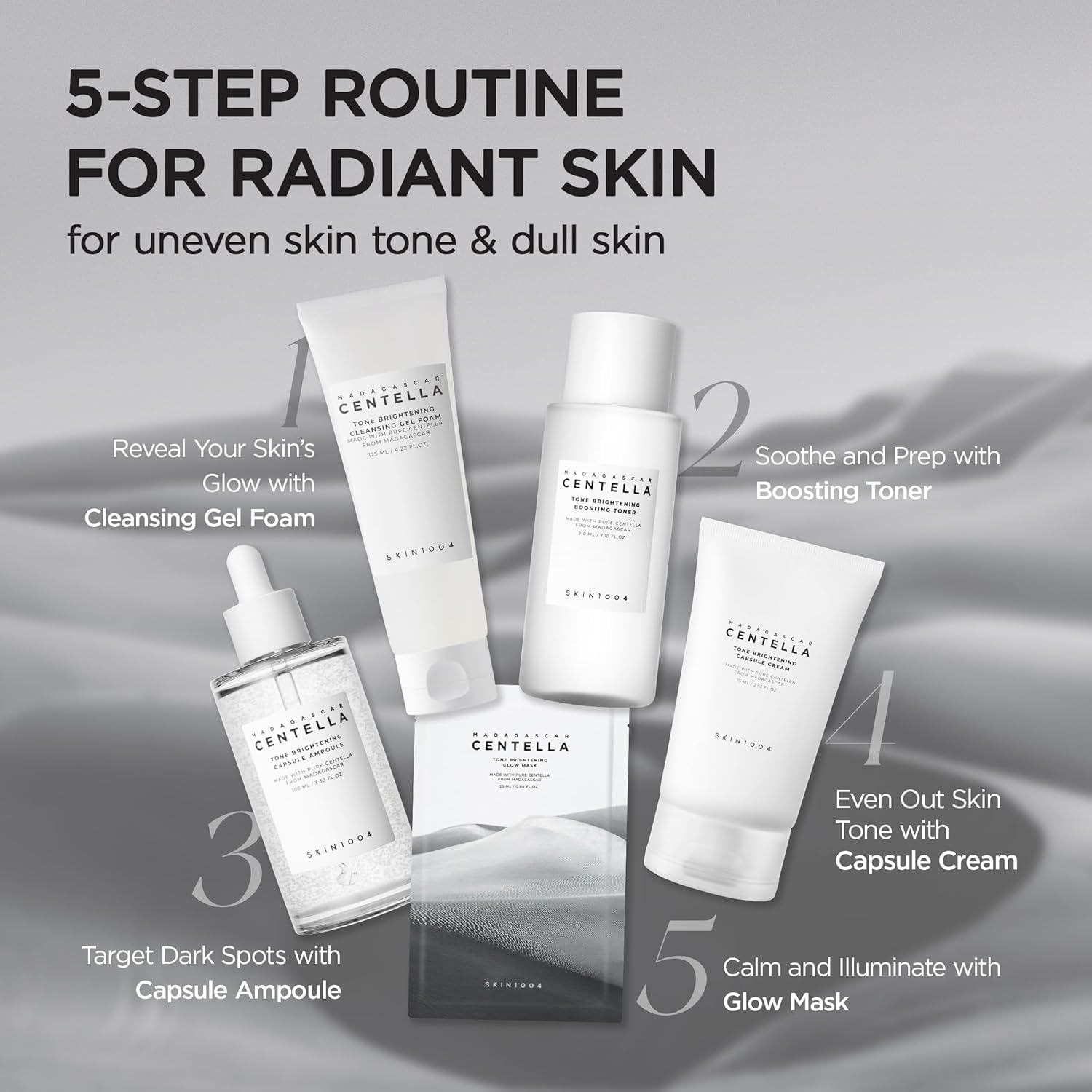 Routine guide featuring the SKIN1004 Madagascar Centella Tone Brightening line for uneven skin tone and dull skin. The image showcases a 5-step brightening skincare routine including Cleansing Gel Foam, Tone Brightening Boosting Toner, Tone Brightening Capsule Ampoule, Tone Brightening Capsule Cream, and Glow Mask. Designed to cleanse, hydrate, brighten, target dark spots, and promote a radiant, even-toned complexion.