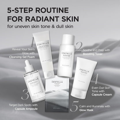 Routine guide featuring the SKIN1004 Madagascar Centella Tone Brightening line for uneven skin tone and dull skin. The image showcases a 5-step brightening skincare routine including Cleansing Gel Foam, Tone Brightening Boosting Toner, Tone Brightening Capsule Ampoule, Tone Brightening Capsule Cream, and Glow Mask. Designed to cleanse, hydrate, brighten, target dark spots, and promote a radiant, even-toned complexion.