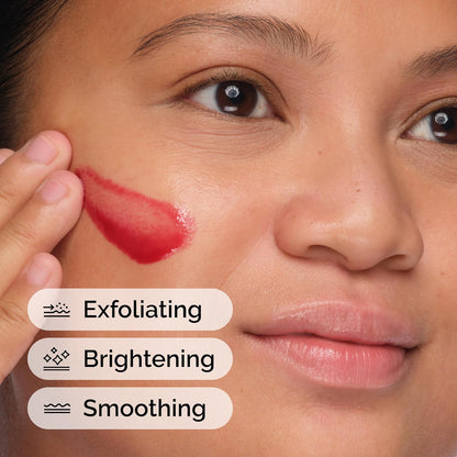 Close-up of a model applying The Ordinary AHA 30% + BHA 2% Peeling Solution to the face. Highlights the peel's key benefits including exfoliating dead skin cells, brightening dull skin, and smoothing uneven skin texture for a clearer, more radiant complexion.