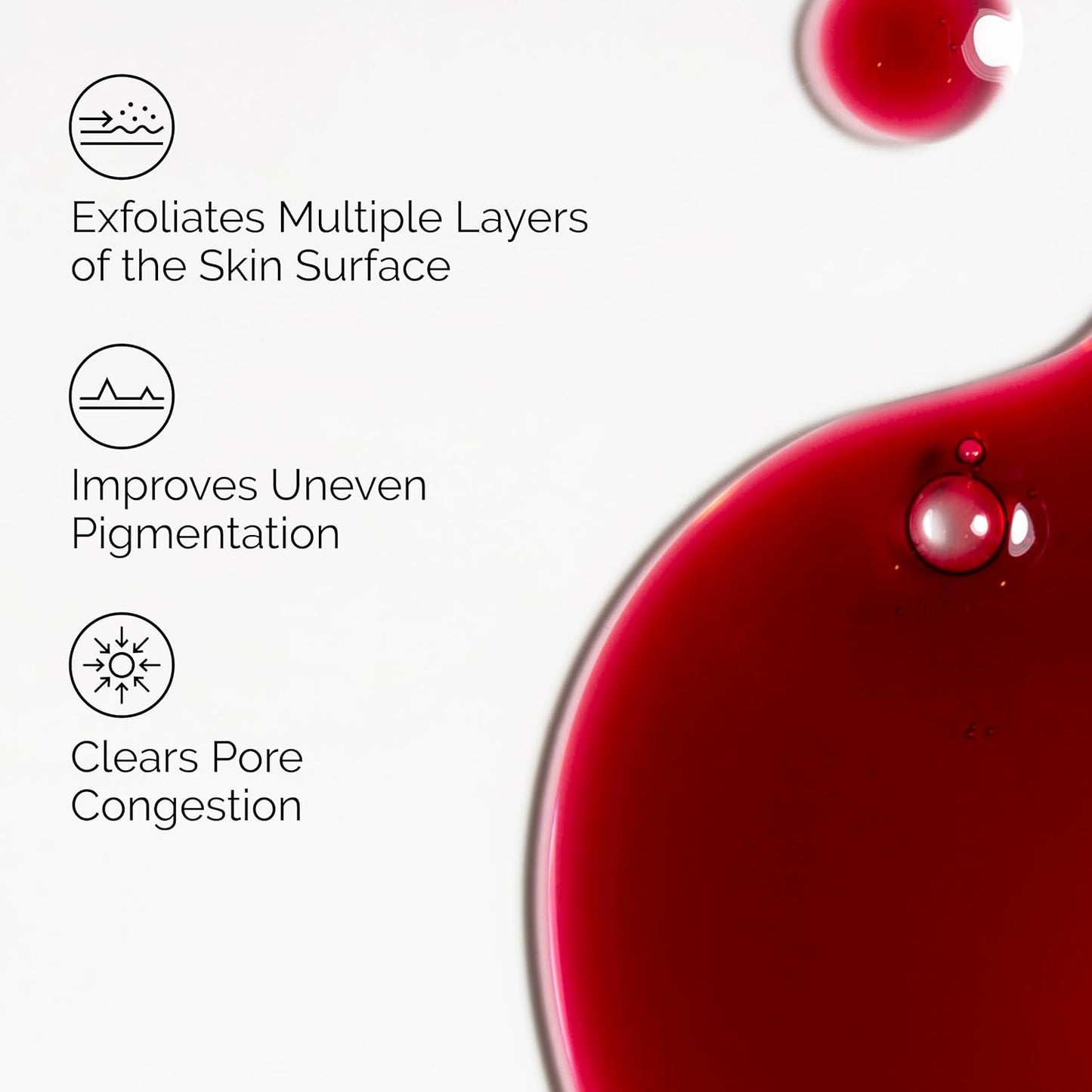 Infographic highlighting the key benefits of The Ordinary AHA 30% + BHA 2% Peeling Solution. Shows that the advanced exfoliating peel exfoliates multiple layers of the skin surface, improves uneven pigmentation, and clears pore congestion for smoother, brighter, and more even-looking skin.