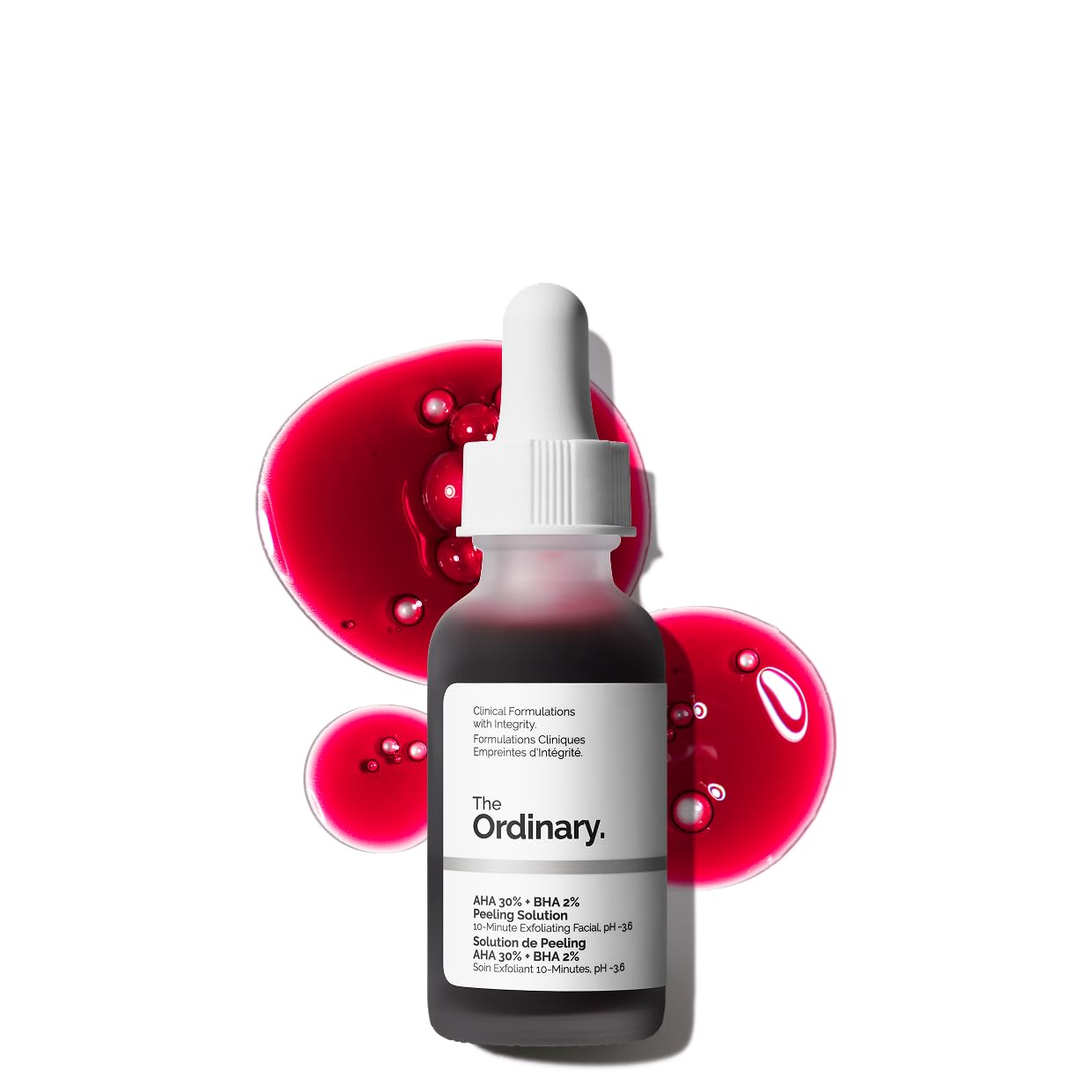 The Ordinary AHA 30% + BHA 2% Peeling Solution bottle displayed with vibrant red exfoliating serum texture in the background, showcasing the advanced chemical peel formulated to exfoliate dead skin cells, unclog pores, improve skin texture, and reveal a brighter, smoother, more radiant complexion.