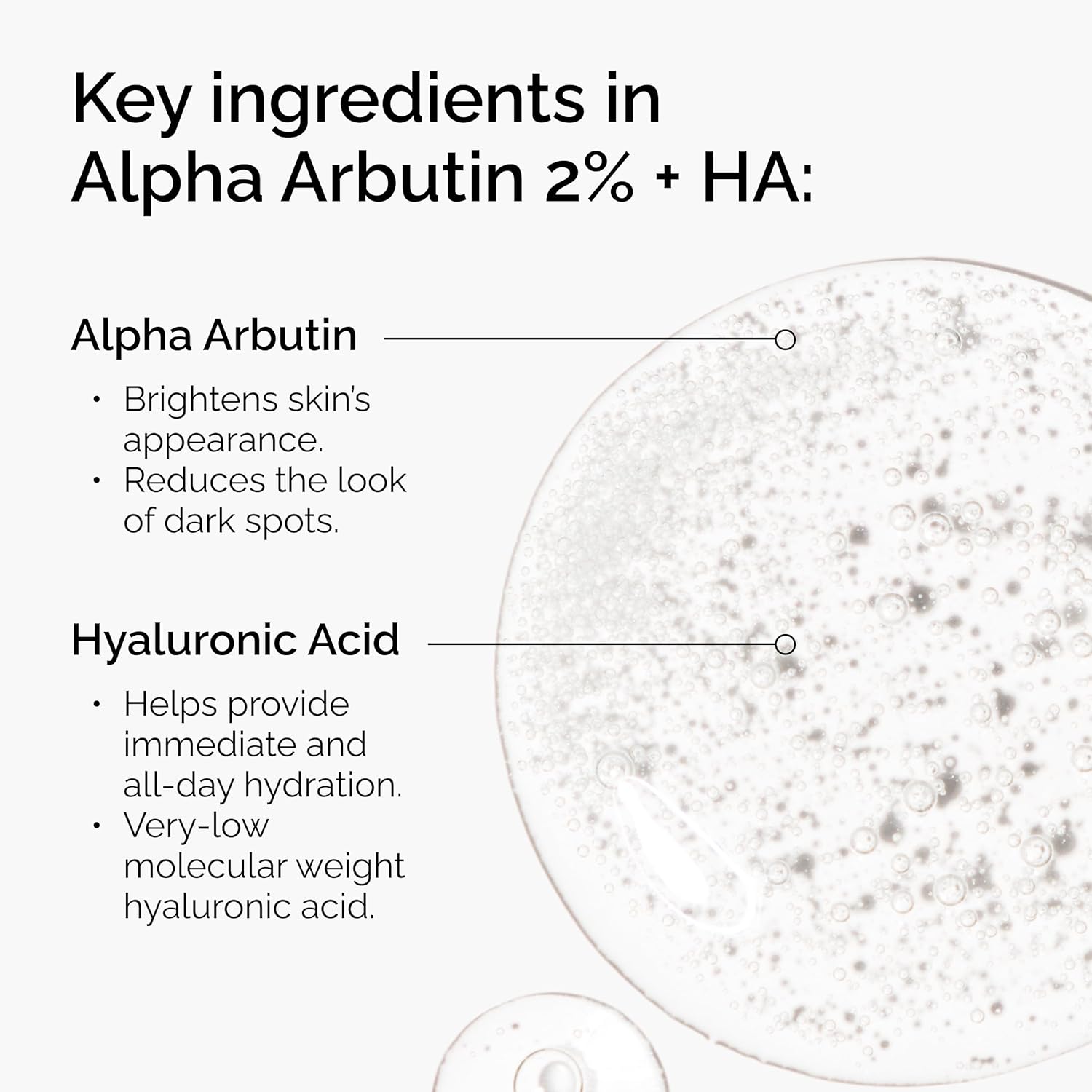 Infographic highlighting the key ingredients in The Ordinary Alpha Arbutin 2% + Hyaluronic Acid serum. Features Alpha Arbutin to brighten skin and reduce the appearance of dark spots, and Hyaluronic Acid to deliver immediate, long-lasting hydration for smoother, healthier-looking skin.