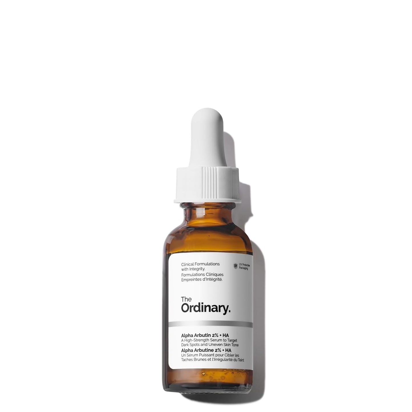The Ordinary Alpha Arbutin 2% + Hyaluronic Acid serum bottle displayed on a clean white background. A lightweight brightening serum designed to fade dark spots, reduce hyperpigmentation, improve uneven skin tone, and hydrate the skin.