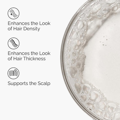 Benefits of The Ordinary Multi-Peptide Serum for Hair Density showing enhanced hair density, thicker-looking hair, and scalp support for healthier, fuller-looking hair.
